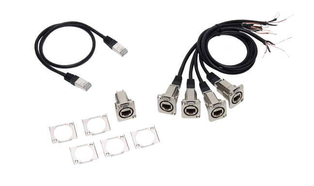 Adapterkabel-Set für grandMA3 4Port Node DIN-Rail, DMX über RJ45 (4x Kabel DMX/RJ45 (Länge 0.5m), 1x Kabel RJ45, 1x Einbaubuchse etherCON/RJ45 auf RJ45)