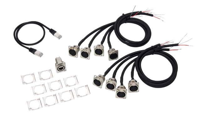 Adapterkabel-Set für grandMA3 8Port Node DIN-Rail, DMX über XLR 5-pol. (8x Kabel DMX/XLR5 (Länge 0.5m), 1x Kabel RJ45, 1x Einbaubuchse etherCON/RJ45 auf RJ45)